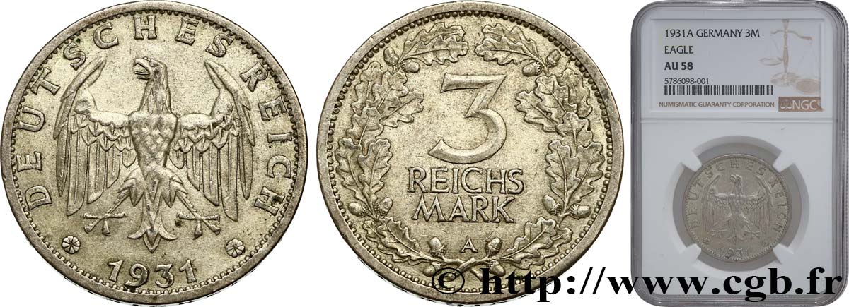 GERMANY 3 Reichsmark 1931 Berlin AU58 NGC