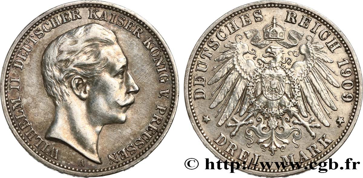 GERMANY - PRUSSIA 3 Mark Guillaume II 1909 Berlin AU 