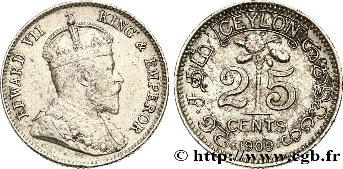 CEILáN 25 Cents Édouard VII 1909  EBC 