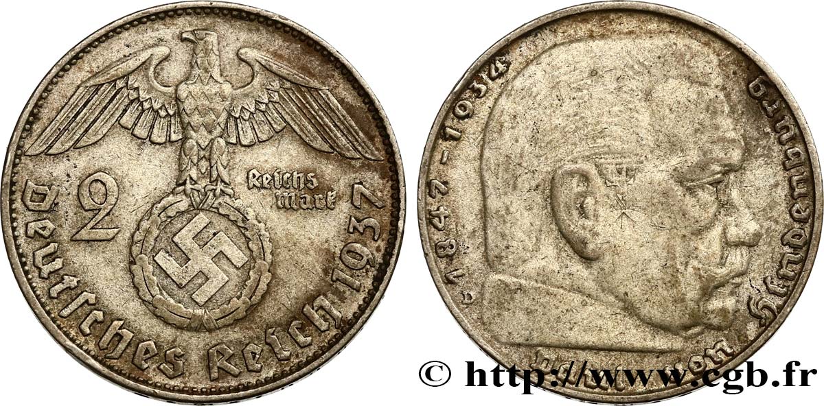 ALLEMAGNE 2 Reichsmark aigle surmontant une swastika / Maréchal Paul von Hindenburg 1937 Munich TTB 