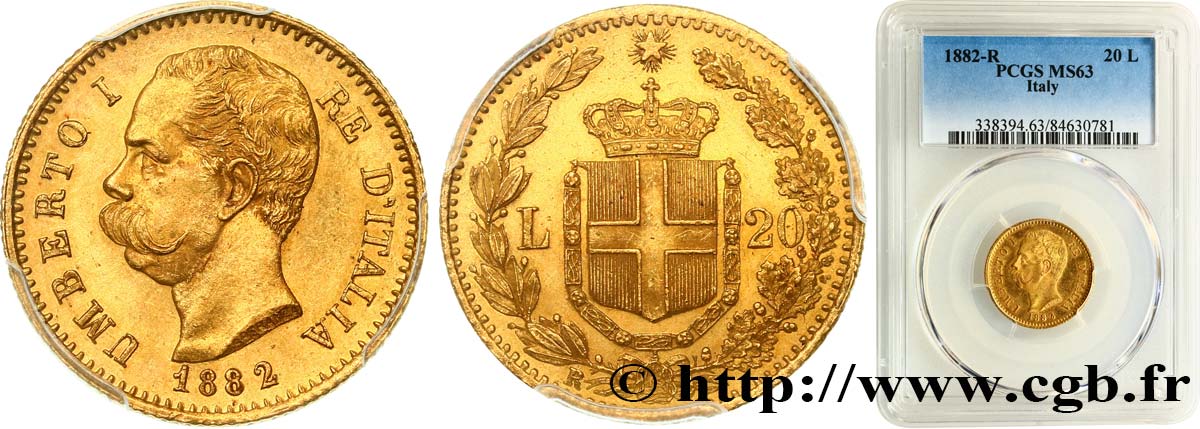 ITALIA 20 Lire Umberto Ier 1882 Rome MS63 PCGS
