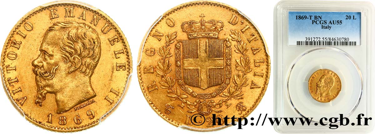 ITALY 20 Lire Victor Emmanuel II 1869 Turin AU55 PCGS