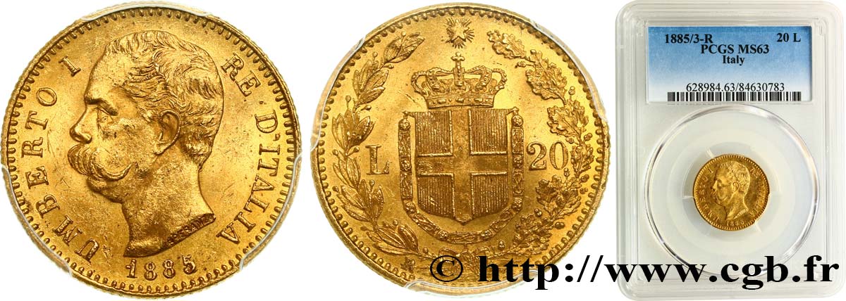 ITALY 20 Lire Umberto Ier 1885/3 Rome MS63 PCGS