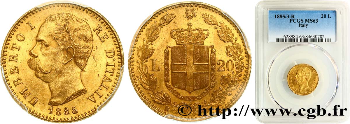 ITALIA 20 Lire Umberto Ier 1885/3 Rome MS63 PCGS