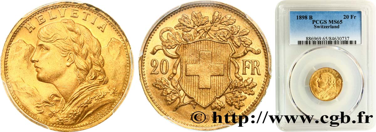 SWITZERLAND 20 Francs  Vreneli  1898 Berne MS65 PCGS
