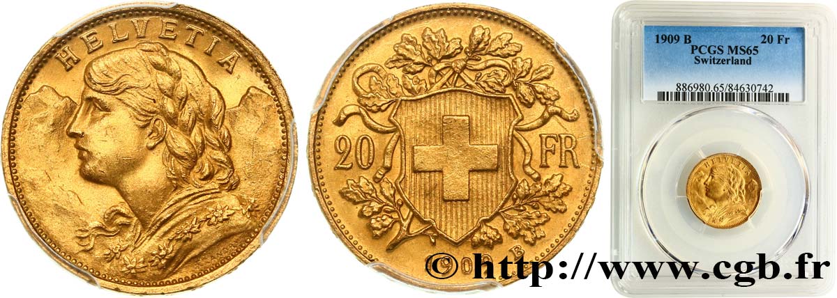 SWITZERLAND 20 Francs  Vreneli  1909 Berne MS65 PCGS