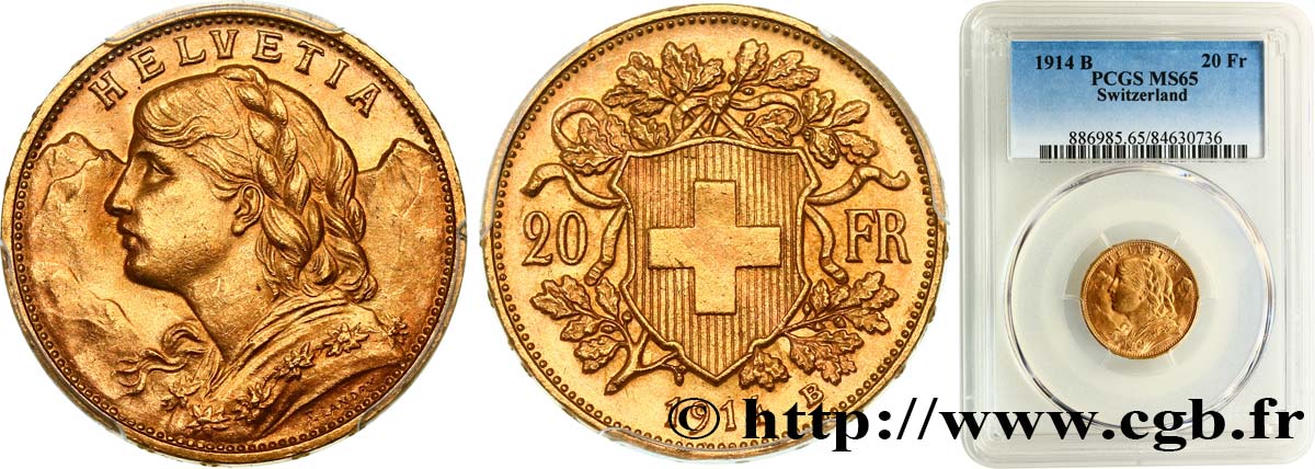 SUISSE 20 Francs  Vreneli   1914 Berne FDC65 PCGS