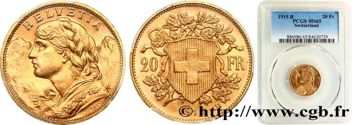 SWITZERLAND 20 Francs  Vreneli   1915 Berne MS65 PCGS