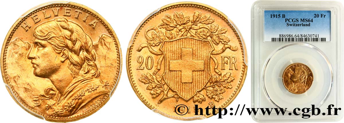 SWITZERLAND 20 Francs  Vreneli   1915 Berne MS64 PCGS