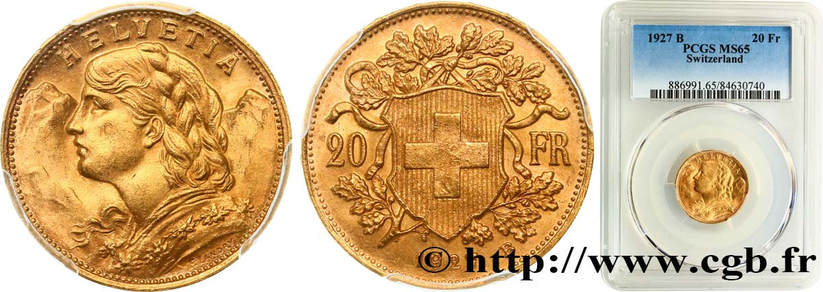 SUISSE 20 Francs  Vreneli  1927 Berne FDC65 PCGS