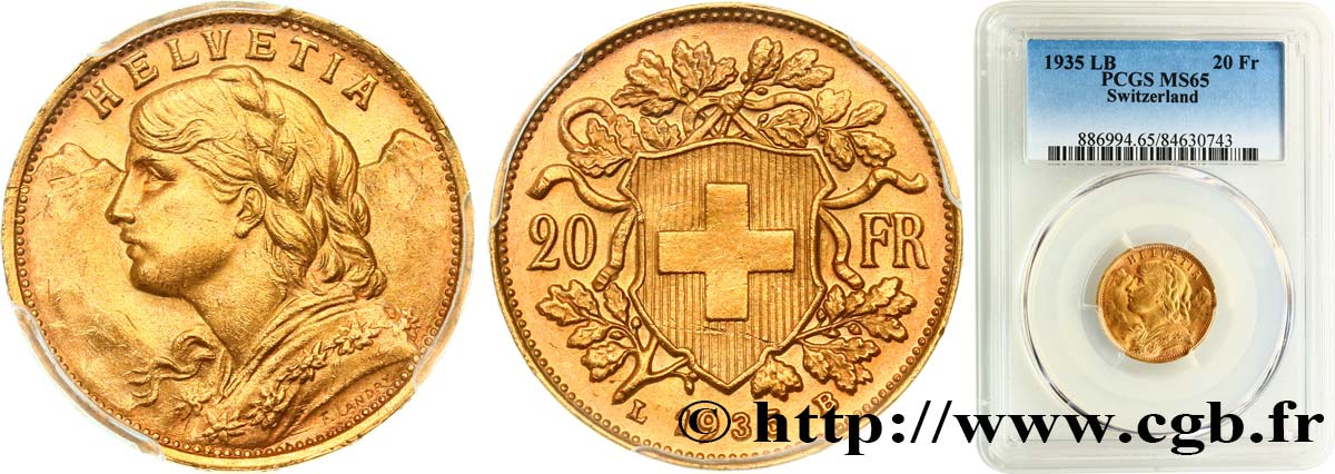 SUISSE 20 Francs  Vreneli   1935 Berne FDC65 PCGS