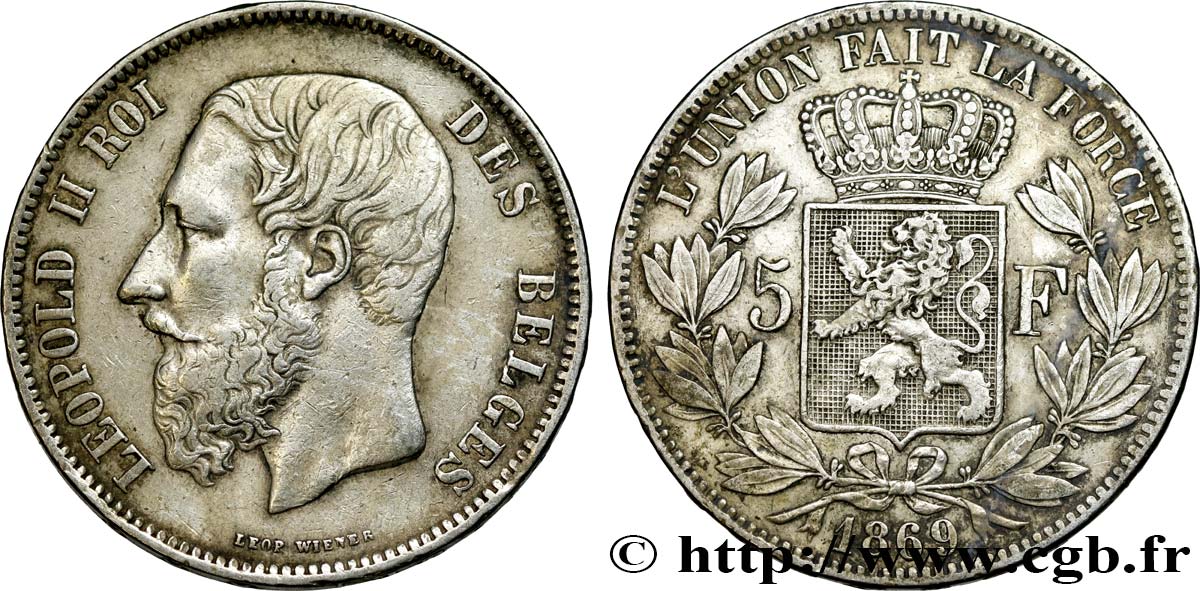 BELGIQUE 5 Francs Léopold II 1869  TB+/TTB 