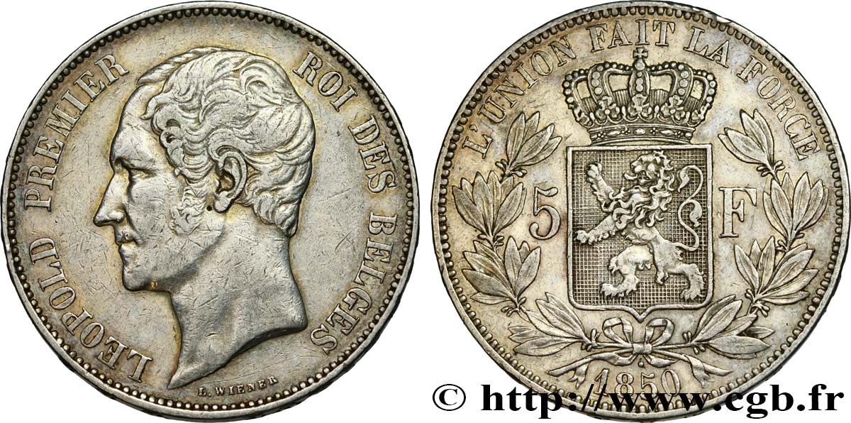 BELGIQUE 5 Francs Léopold Ier 1850  TTB 