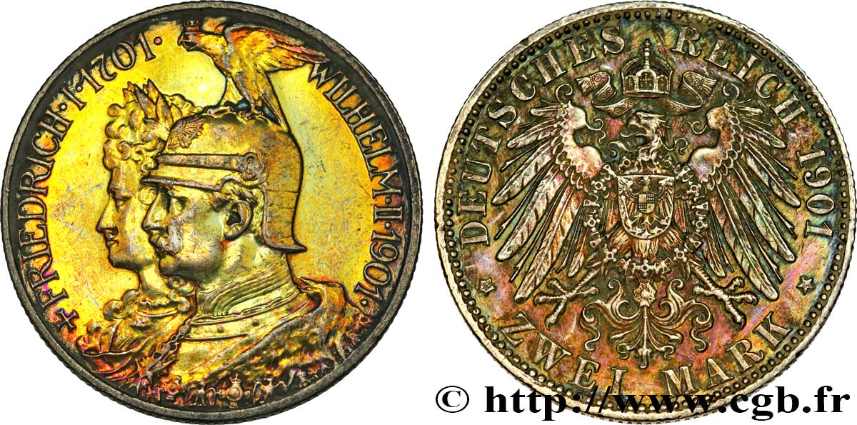 ALLEMAGNE - PRUSSE 2 Mark Guillaume II 200e anniversaire de la Prusse 1901 Berlin TTB+ 