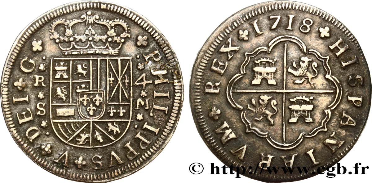 SPAIN - KINGDOM OF SPAIN - PHILIP V OF BOURBON 4 Reales 1718 Séville XF 