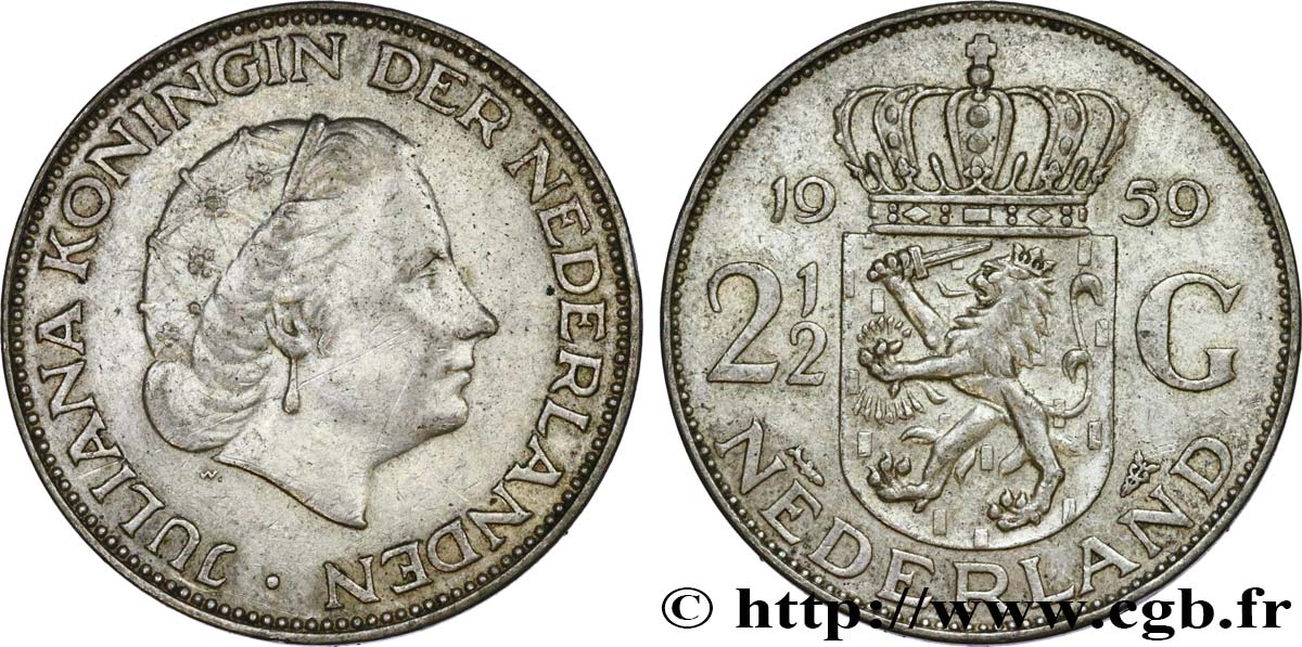 NETHERLANDS 2 1/2 Gulden Juliana 1959 Utrecht AU 