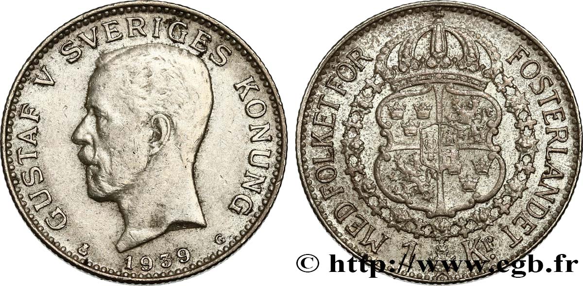 SUÈDE 1 Krona Gustave V 1939  TTB+ 