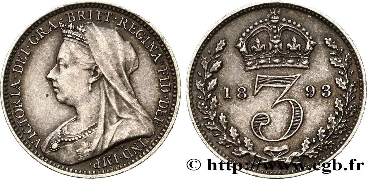 ROYAUME-UNI 3 Pence Victoria “Old Head” 1893  TTB+/SUP 