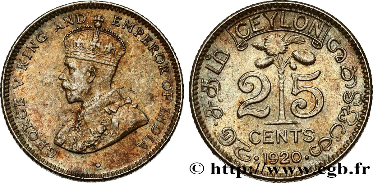 CEYLON 25 Cents Georges V 1920  MS 