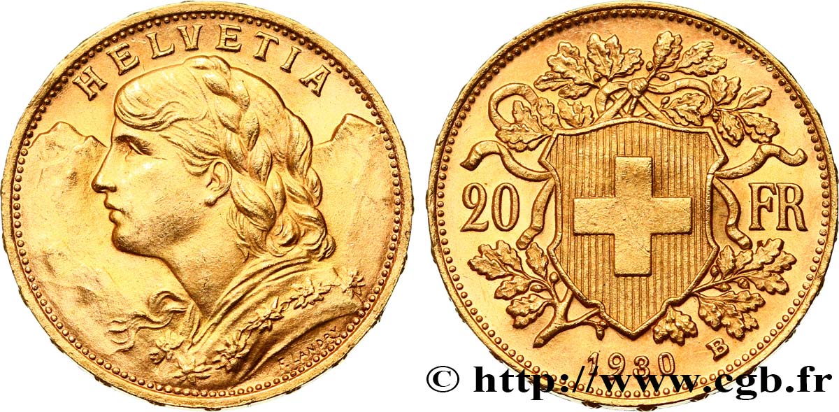 SUIZA 20 Francs  Vreneli  1930 Berne SC 