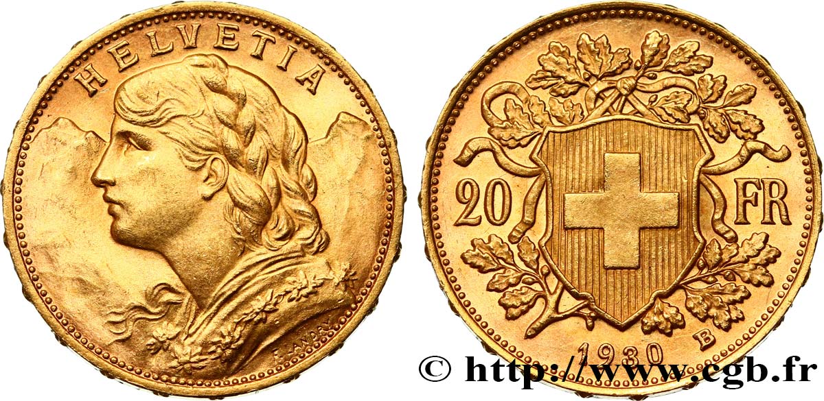 SUISSE 20 Francs  Vreneli  1930 Berne SPL 