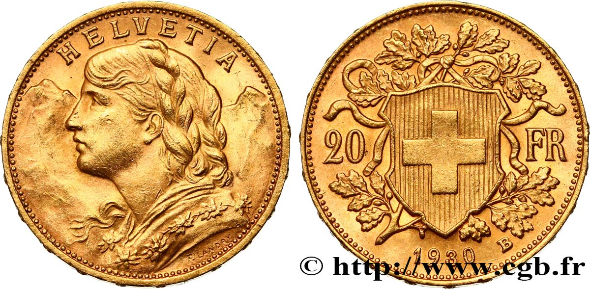 SUISSE 20 Francs  Vreneli  1930 Berne SPL 