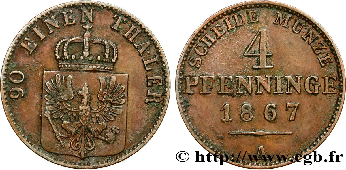 GERMANY - PRUSSIA 4 Pfenninge  1867 Berlin XF 