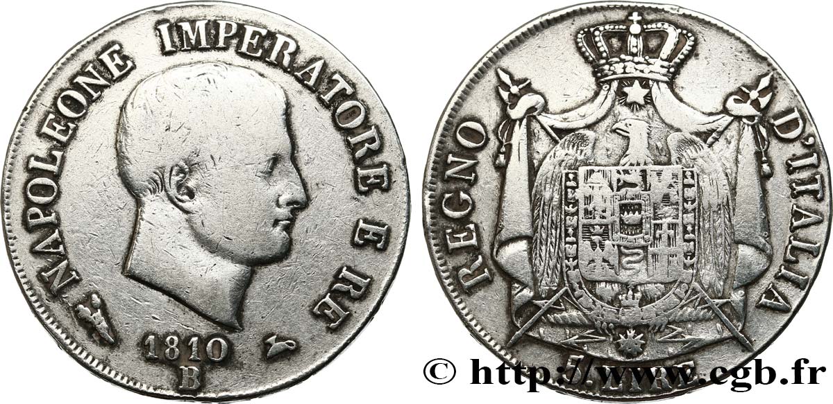 ITALIA - REGNO D ITALIA - NAPOLEONE I 5 lire 1810 Bologne MB 