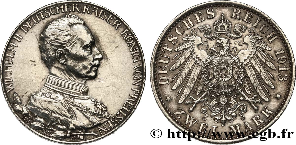 GERMANY - PRUSSIA 2 Mark 25e anniversaire de règne de Guillaume II 1913 Berlin AU 