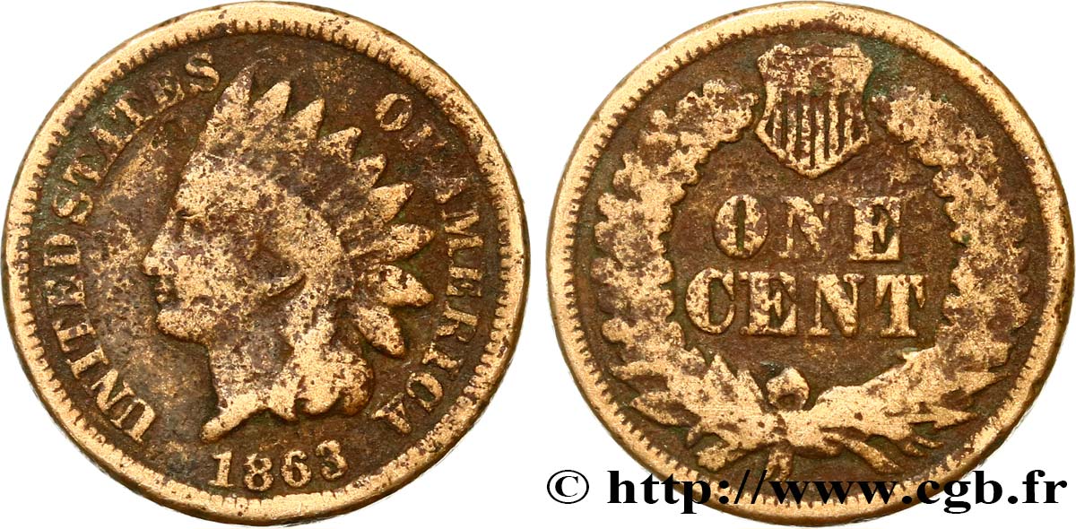 UNITED STATES OF AMERICA 1 Cent tête d’indien 2e type 1863 Philadelphie VF 
