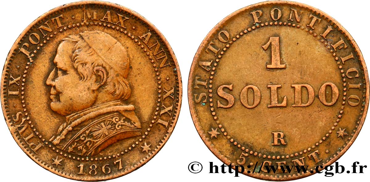 VATICAN ET ÉTATS PONTIFICAUX 1 Soldo an XXI buste large 1867 Rome TTB/SUP 