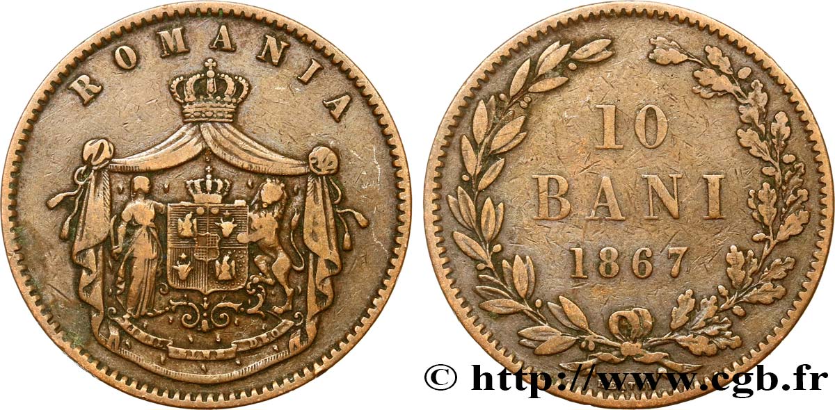 RUMANIA 10 Bani armes 1867 Heaton BC+ 