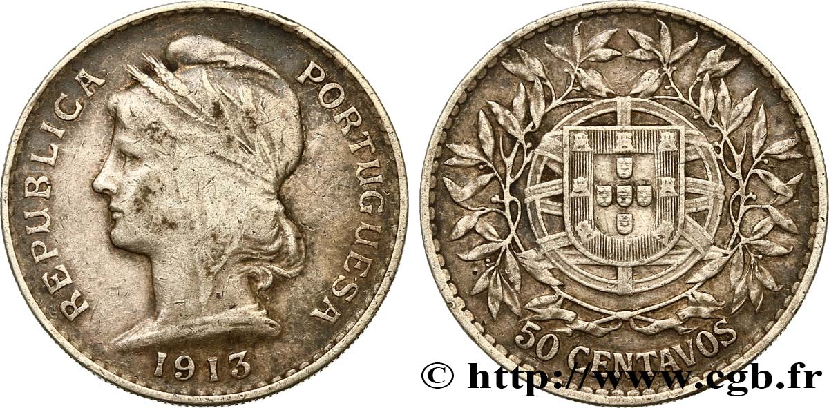 PORTUGAL 50 Centavos 1913  BC+ 