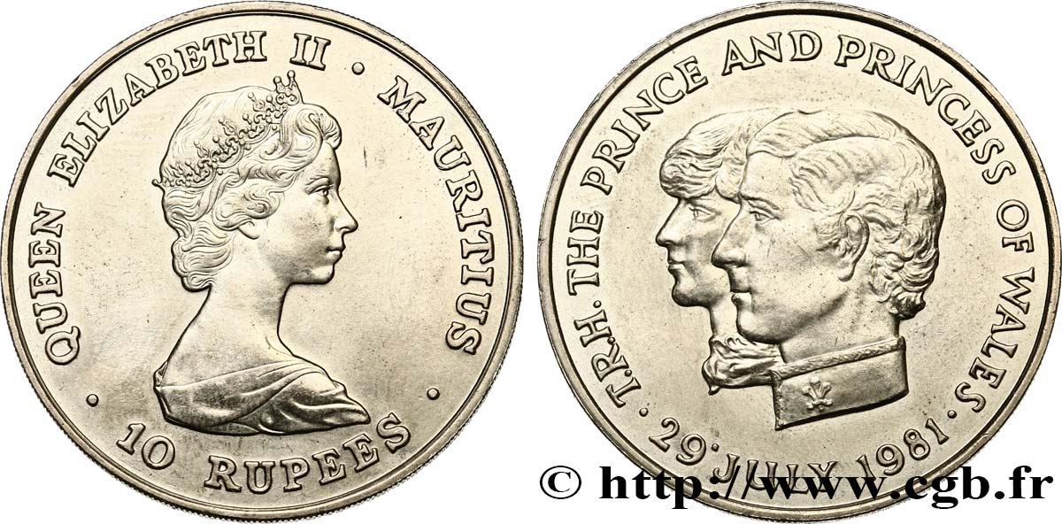 ISLA MAURICIO 10 Rupees (Roupies) Mariage du prince Charles et de lady Diana 1981  EBC 