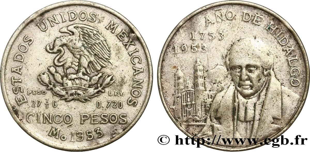 MÉXICO 5 Pesos Bicentenaire de la naissance d’Hidalgo 1953 Mexico BC+ 