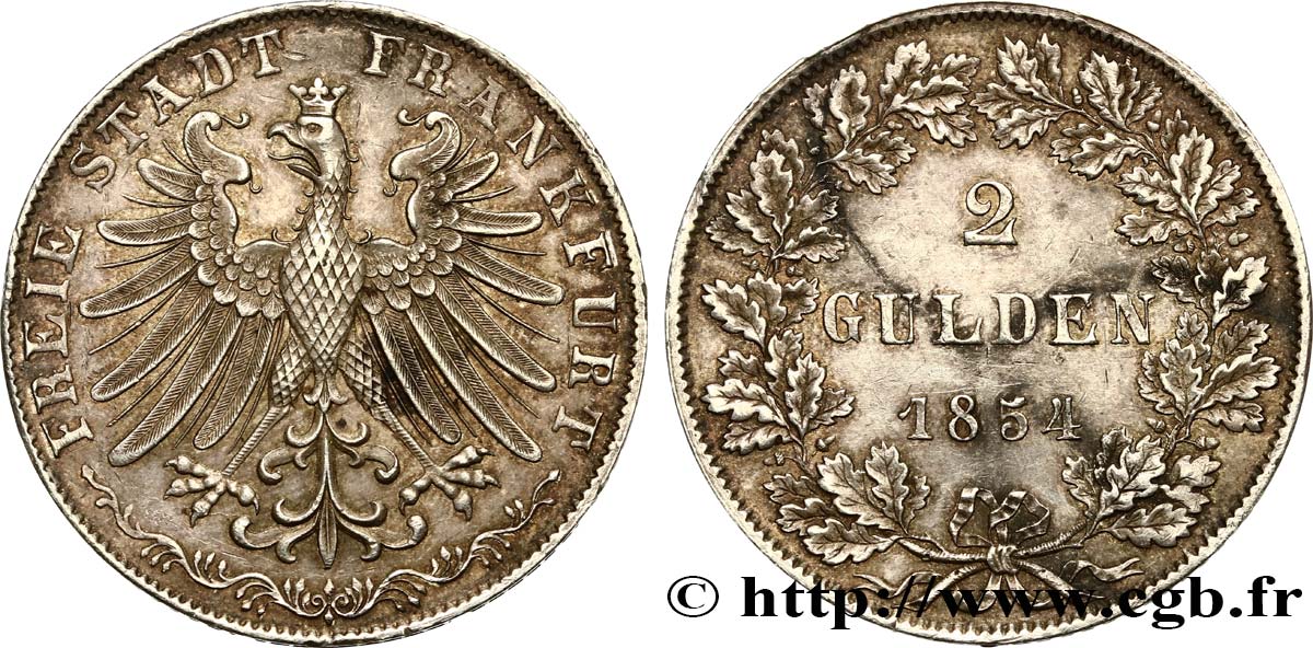 ALLEMAGNE - VILLE LIBRE DE FRANCFORT 2 Gulden 1854 Francfort TTB+ 