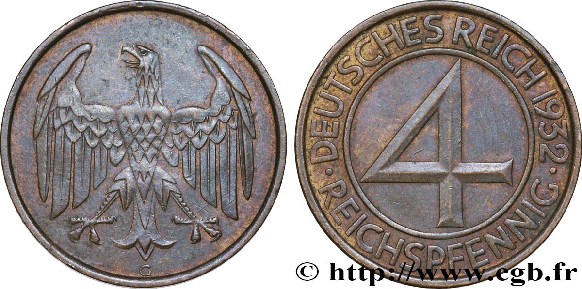 GERMANY 4 Reichspfennig 1932 Karlsruhe - G AU 