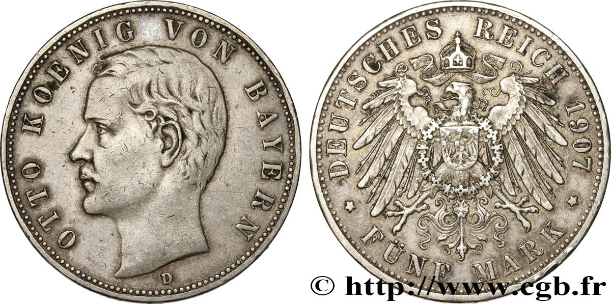 ALLEMAGNE - BAVIÈRE 5 Mark Othon Ier 1907 Munich TTB 