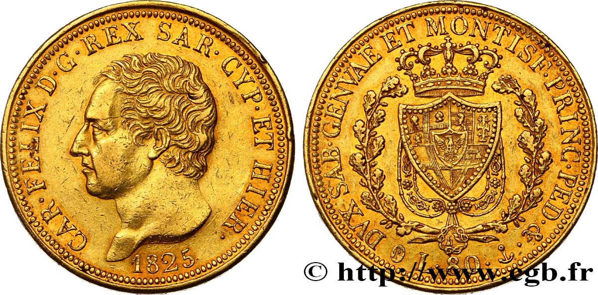 ITALY - KINGDOM OF SARDINIA 80 Lire Charles-Félix 1825 Gênes AU 