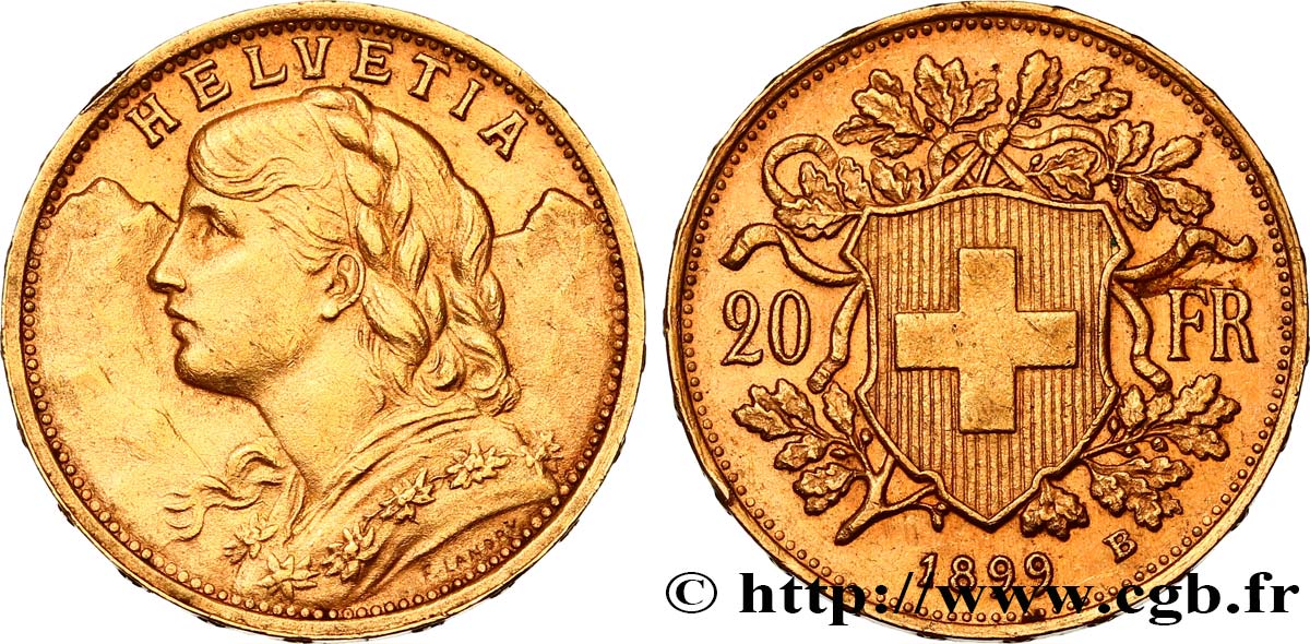 SWITZERLAND 20 Francs Vreneli 1899 Berne AU 