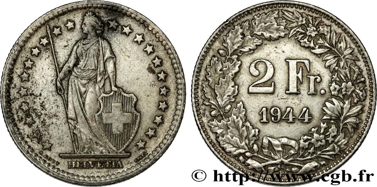 SUIZA 2 Francs Helvetia 1944 Berne MBC+ 