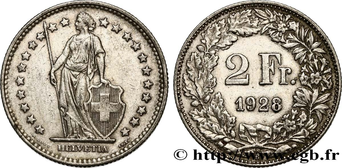 SCHWEIZ 2 Francs Helvetia 1928 Berne - B SS 