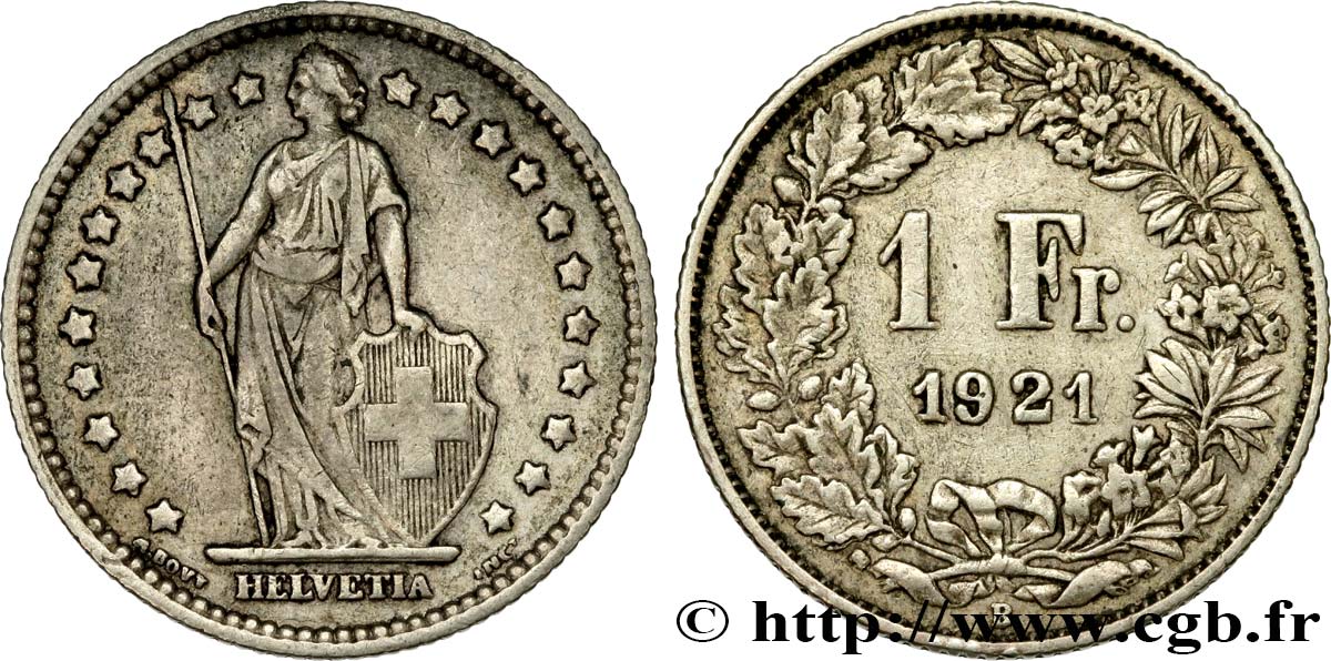 SUISSE 1 Franc Helvetia 1921 Berne - B TTB+ 