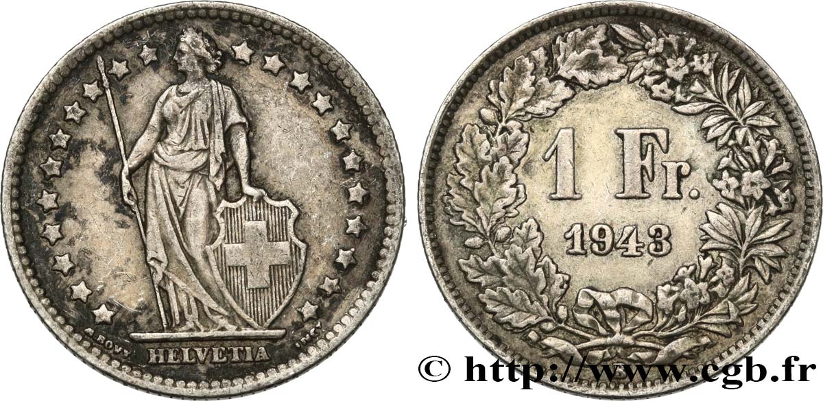 SUIZA 1 Franc Helvetia 1943 Berne MBC+ 