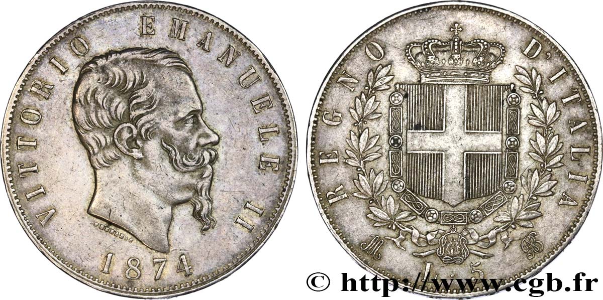 ITALIA 5 Lire Victor Emmanuel II 1874 Milan q.SPL 