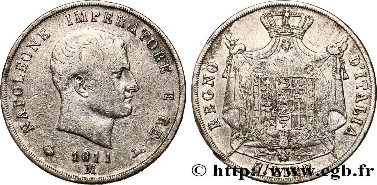 ITALIE - ROYAUME D ITALIE - NAPOLÉON Ier 5 Lire 1811 Milan TB 