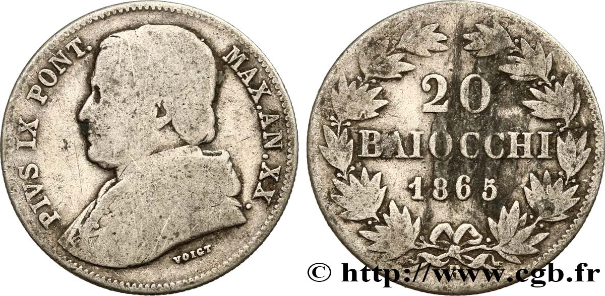 VATICAN ET ÉTATS PONTIFICAUX 20 Baiocchi Pie IX an XX 1865 Rome TB 