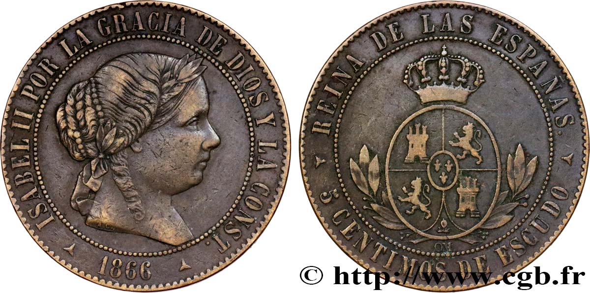 SPANIEN 5 Centimos de Escudo Isabelle II 1866 Oeschger Mesdach & CO SS 