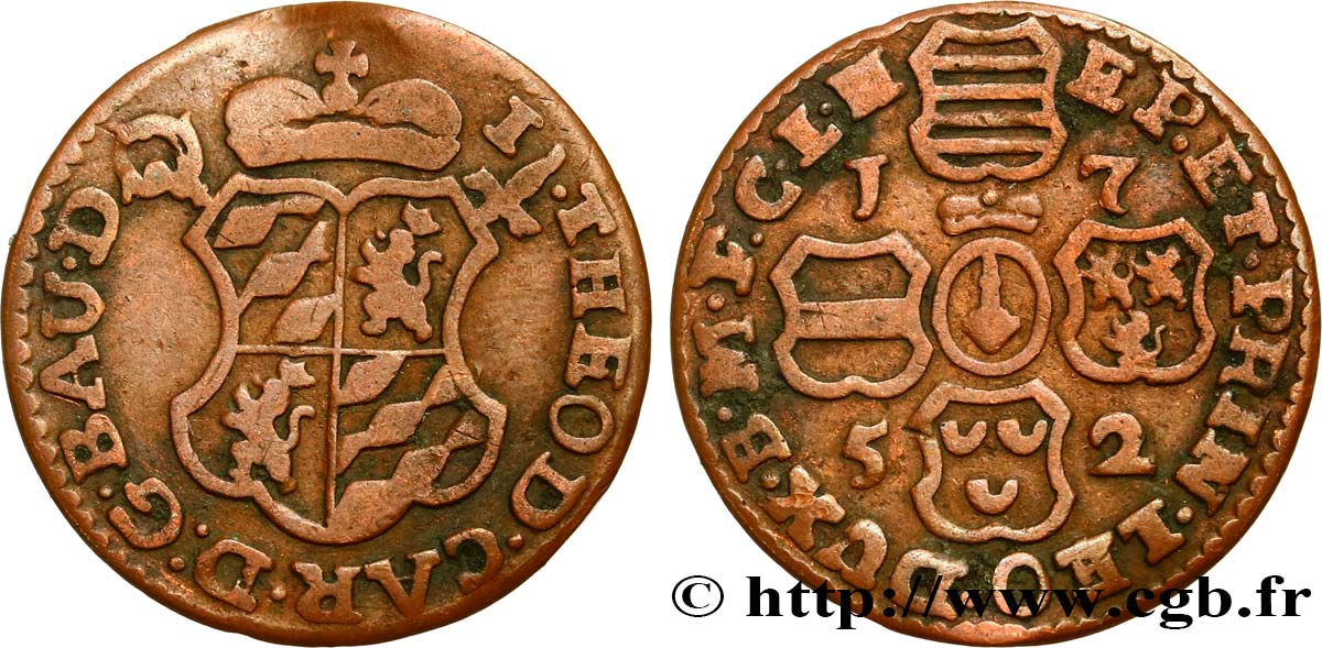 BELGIUM - PRINCE-BISHOPRIC OF LIÈGE 1 Liard Évéché de Liège frappe au nom de Jean-Théodore de Bavière 1752  VF 