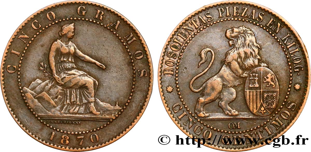 SPAGNA 5 Centimos “ESPAÑA” assise / lion au bouclier 1870 Oeschger Mesdach & CO BB 